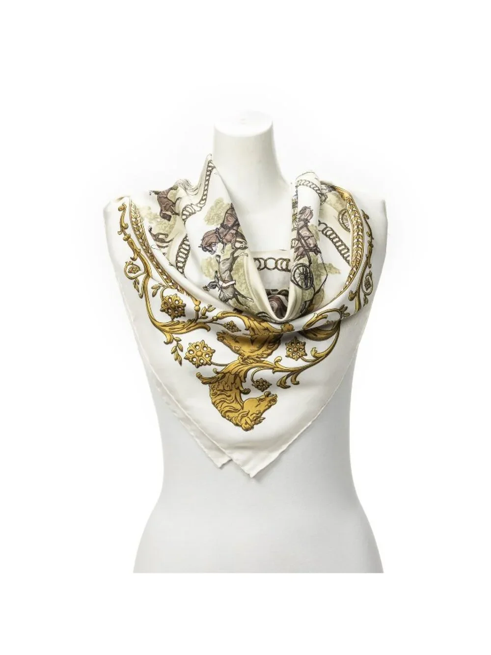 Hermes Scarf Ivory Green Brown Silk
